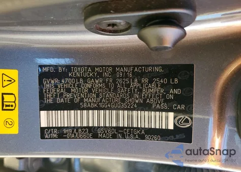 2016 Lexus Es 350 из США, поврежденный, VIN 58ABK1GG4GU035224